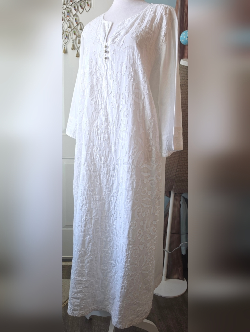 Soft Surroundings Contradora Kaftgan Women PL White 100% Cotton Swim Coverup